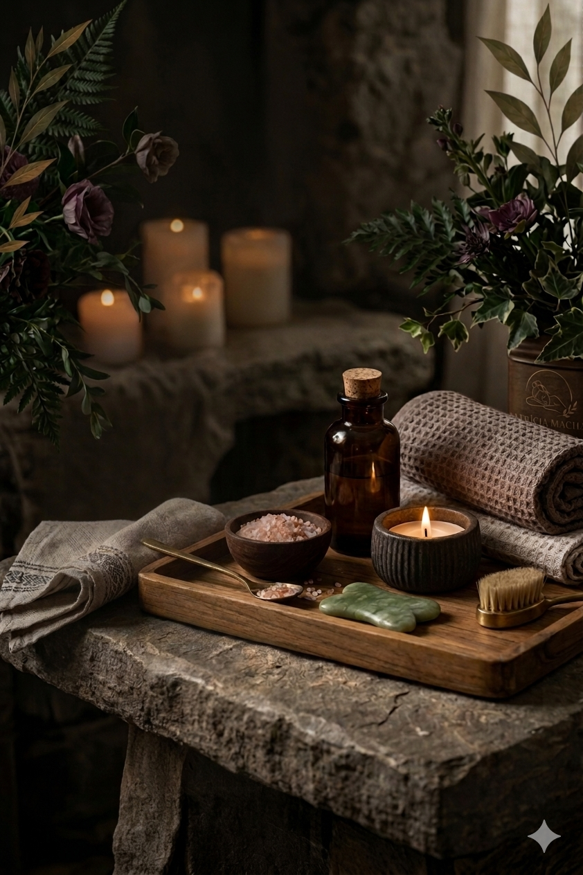 Ambiente de spa intimista com velas